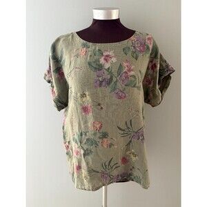 Bellambra Linen Top Size M Green Floral Forest Cottagecore Summer Fall Prairie